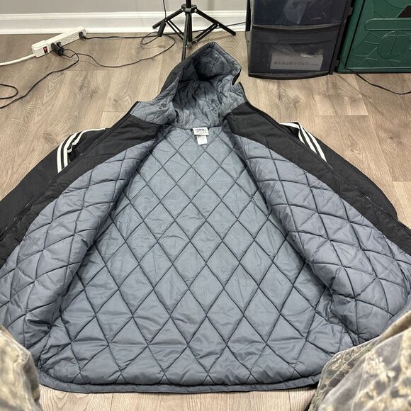 Vintage Adidas Black Gray Winter Hooded Oversized Quilted Jacket Mens Size XL - Picture 7 of 10
